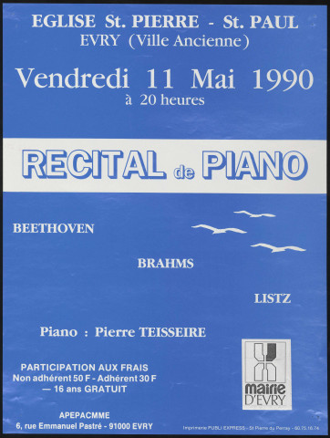 EVRY. - Récital de piano, Eglise Saint-Pierre Saint-Paul, 11 mai 1990. 
