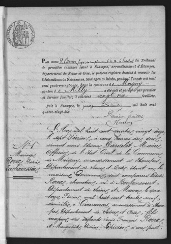 MOIGNY-SUR-ECOLE.- Naissances, mariages, décès : registre d'état civil (1891-1905). 