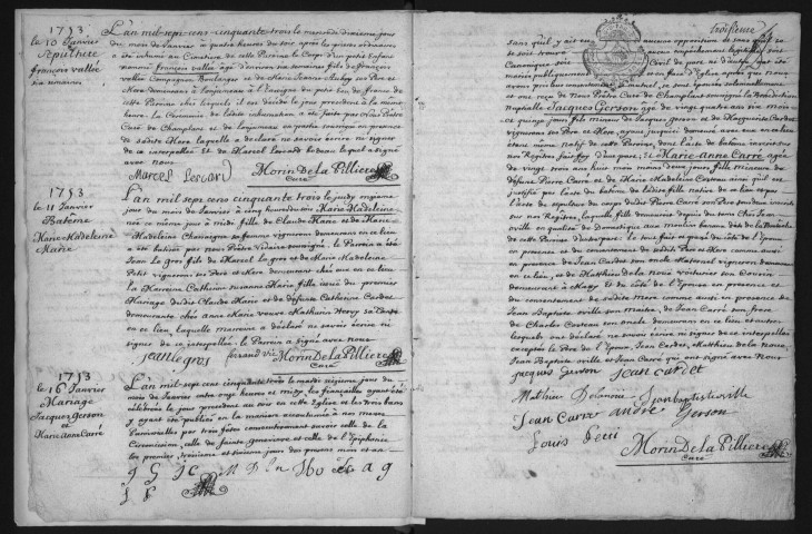CHAMPLAN. - Registre paroissial. - Registre des baptêmes, mariages et sépultures (1753-1780) 