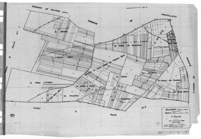 BLANDY.- Cadastre révisé pour 1934 : plan du tableau d'assemblage, plans de la section A le Chemin de la Ferté 1ère feuille, idem 2ème feuille, section B le Village 1ère feuille, idem 2ème feuille, idem 3ème feuille ; cadastre révisé pur 1938 : plan de la section B le Village 3ème feuille, [7 plans]. 