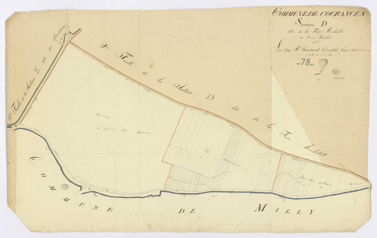 COURANCES. - Section D - Fosse Michelet (la), 3, ech. 1/1250, coul., aquarelle, papier, 62x100 (1813). 