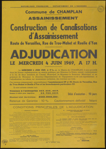 CHAMPLAN. - Adjudication au rabais, sur sommissions cachetées pour la construction de canalisations d'assainissement : route de Versailles, rue du Trou-Mahet et Ruelle d'Yon, 6 mai 1969. 