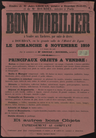 DOURDAN. - Vente aux enchères de mobilier, 6 novembre 1910. 