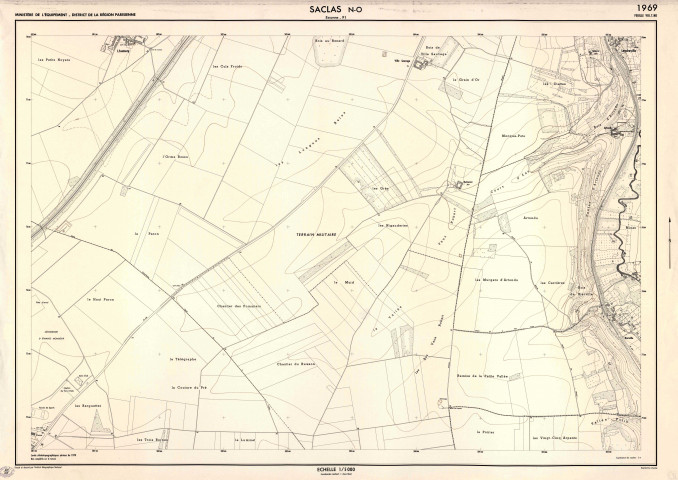 SACLAS. - Ministère de l'équipement, district de la région parisienne, feuilles VIII-7-NO, VIII-7-NE, VIII-7-SO et VIII-7-SE, levés stéréotopographiques aériens, non complétés sur le terrain, dressé et dessiné par l'Institut géographique national, 1969-1970. Ech. 1/5 000. Papier. N et B. Dim. 76 x 108 cm. [4 plans]. 