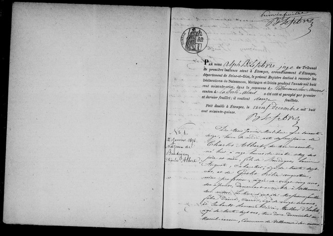 VILLENEUVE-SUR-AUVERS. Naissances, mariages, décès : registre d'état civil (1876-1890). 