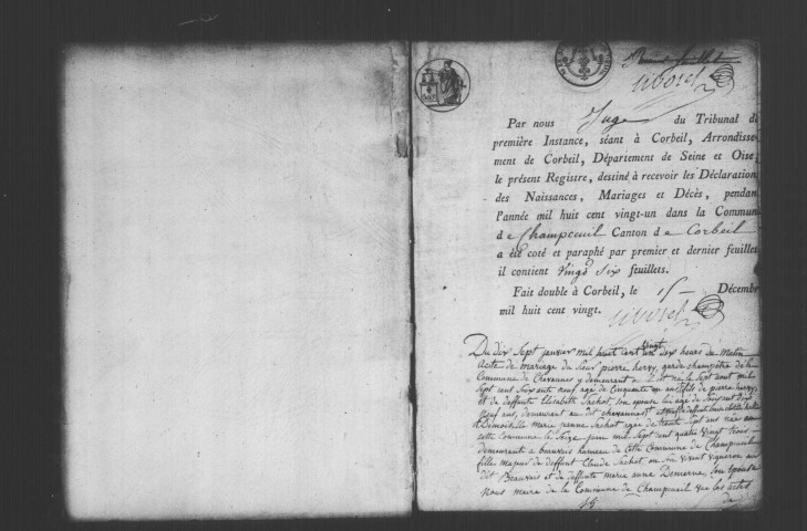 CHAMPCUEIL. Naissances, mariages, décès : registre d'état civil (1821-1831). 