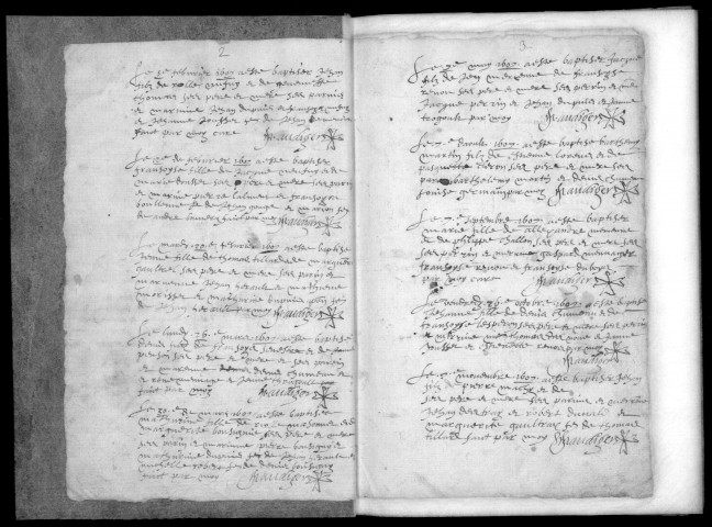 AUVERNAUX. - Registres paroissiaux : baptêmes, mariages, sépultures (1607-1674). 