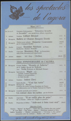 EVRY. - Les spectacles de l'Agora : programme culturel, mars 1977. 