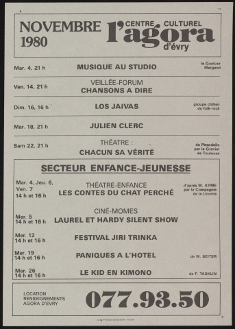EVRY. - Théâtre, danse, musique, variétés, cinéma, arts plastiques : programme culturel, Centre culturel de l'Agora, novembre 1980. 