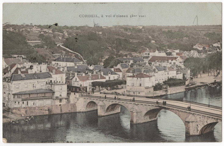 CORBEIL-ESSONNES. - Corbeil à vol d'oiseau, Mardelet, 1905, 7 lignes, 10 c, ad., coloriée. 
