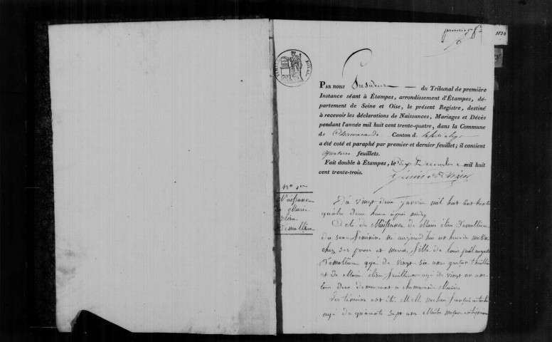 CHAMARANDE. Naissances, mariages, décès : registre d'état civil (1834-1860). 