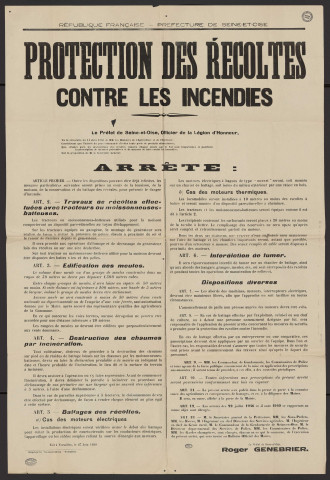 Seine-et-Oise [Département]. - Arrêté préfectoral portant sur la protection des récoltes contre les incendies, 27 juin 1950. 