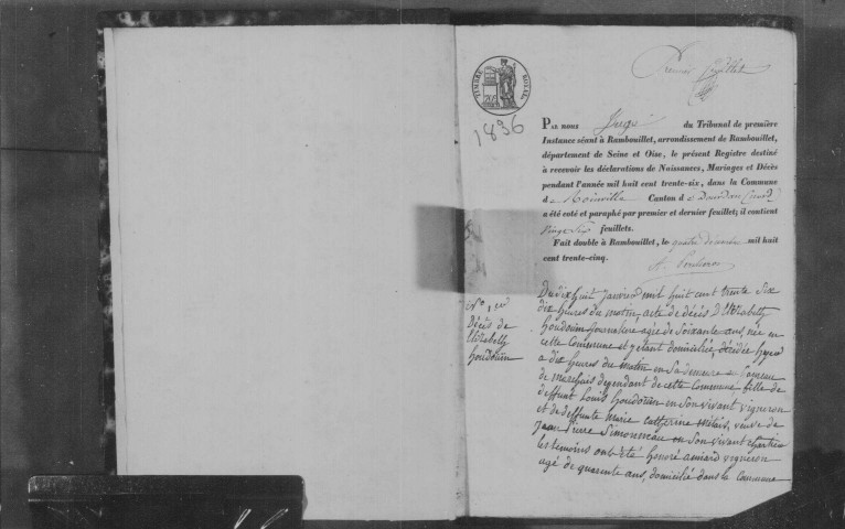 ROINVILLE-SOUS-DOURDAN. Naissances, mariages, décès : registre d'état civil (1836-1844). 