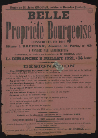 DOURDAN. - Vente par adjudication d'une belle propriété bourgeoise, avenue de Paris, appartenant à M. LESAGE, 3 juillet 1921. 