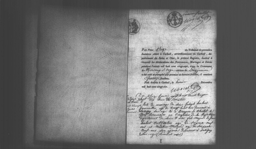 MORSANG-SUR-ORGE. Naissances, mariages, décès : registre d'état civil (1827-1838). 
