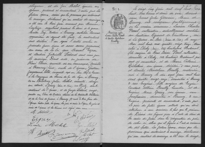 BRUNOY.- Mariages : registre d'état civil (1918). 