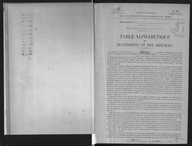 ARPAJON, bureau de l'enregistrement. - Tables alphabétiques des successions et des absences.- Vol. 22, 1947 - 1951. 