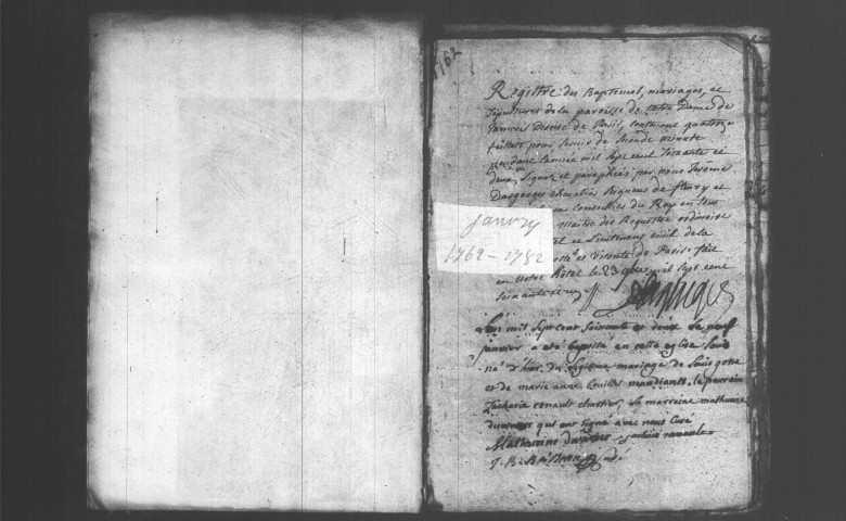 JANVRY. Paroisse Notre-Dame du Carmel : Baptêmes, mariages, sépultures : registre paroissial (1762-1782). 