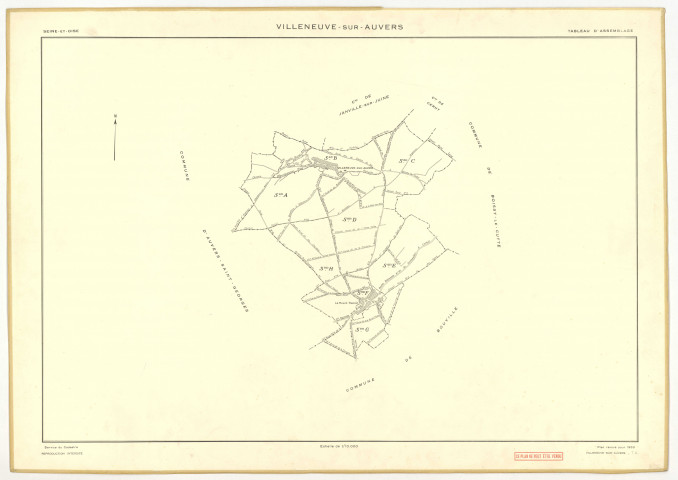 Plans minutes de conservation : VILLENEUVE-SUR-AUVERS : tableau d'assemblage, ech. 1/10000 (1953), sections A, B, C, D, E, F, G, H, ech. 1/2000 (1953), NB, papier, 105x80 [9 plans]. 
