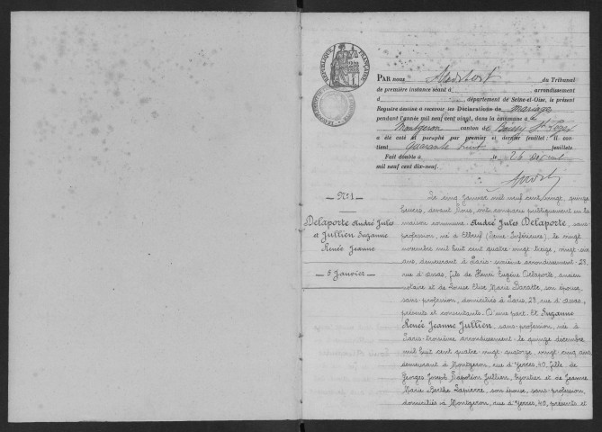 MONTGERON. - Mariages : registre d'état civil.