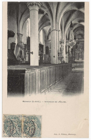 MENNECY. - Intérieur de l'église [Editeur Rideau, 1900, 2 timbres à 05 centimes]. 