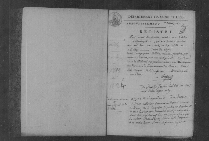 MILLY-LA-FORET. Mariages : registre d'état civil (1809-1824). 