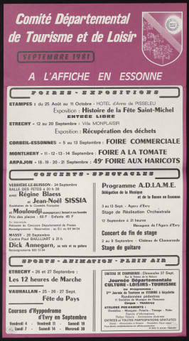 EVRY.- A l'affiche en Essonne : programme culturel, Comité départemental de tourisme et de loisirs, septembre 1981. 