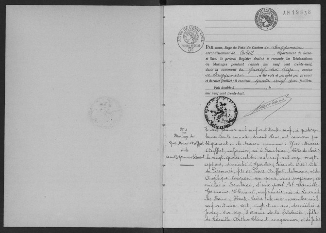 JUVISY-SUR-ORGE. - Mariages : registre d'état civil. 