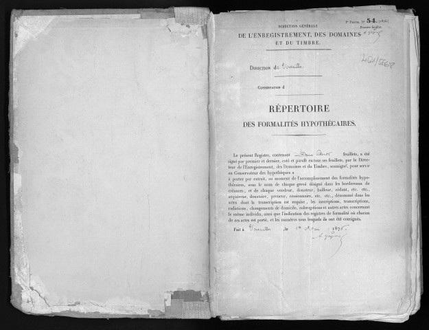 Conservation des hypothèques de CORBEIL. - Répertoire des formalités hypothécaires, volume n° 261 : A-Z (registre ouvert en 1876). 