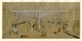 CORBEIL-ESSONNES.- La papeterie d'Essonnes, la fabrication du papier : délissage des tissus par les femmes, par A. Maugendre,1846, Coul. Dim. 37 x 45 cm. [2 exemplaires]. 