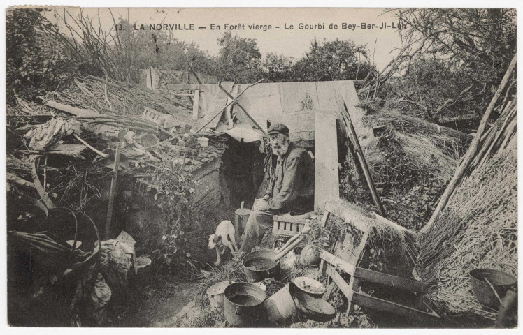 NORVILLE (LA). - En forêt vierge. Le gourbi de Bey-Ber-Ji-Leh (habitation précaire d'un mandiant) [1911, timbre à 10 centimes]. 