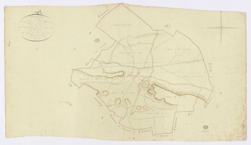 BOISSY-LE-CUTTE. - Plan d'assemblage, ech. 1/10000, coul., aquarelle, papier, 58x102 (1817).