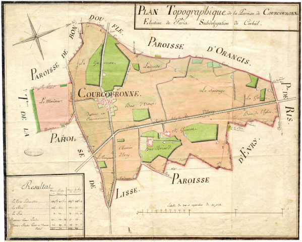 COURCOURONNES. - Plans d'intendance. Plan, Ech. 1/300 perches, Dim. 60 x 50 cm, [fin XVIIIe siècle]. 