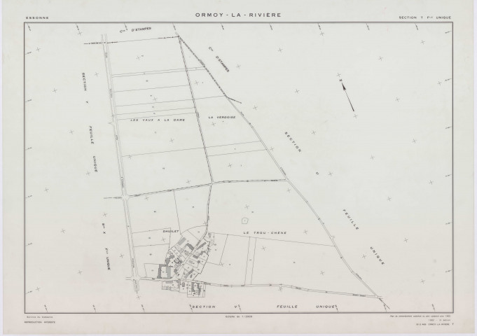 ORMOY-LA-RIVIERE, plans minutes de conservation : tableau d'assemblage, 1955, Ech. 1/10000 ; plans des sections T, U, V, W, X, Y, Z, AB, AC, AD, AE, AH, 1955, Ech. 1/2000. Polyester. N et B. Dim. 105 x 80 cm [13 plans]. 