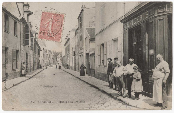 CORBEIL-ESSONNES. - Rue de la Poterie, Mardelet, Dubuisson, 1908, 10 lignes, 10 c, ad., cote négatif 3B132/8. 