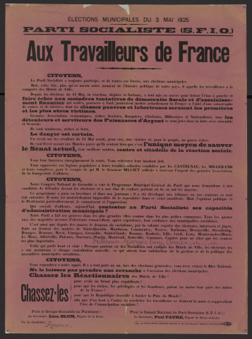 Seine-et-Oise [Département]. - Elections municipales du 3 mai 1925. Avis du Parti socialiste [S.F.I.O.] aux travailleurs de France (1925). 