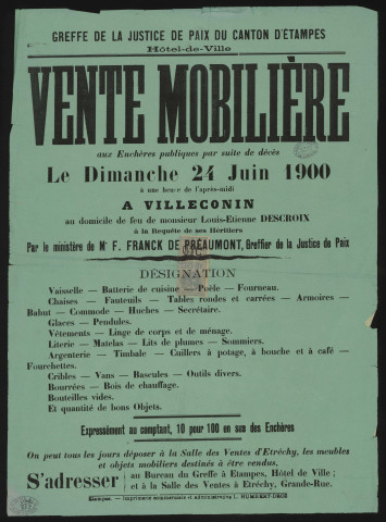 VILLECONIN. - Vente aux enchères de mobilier après le décès de M. Louis-Etienne DESCROIX, 24 juin 1900. 