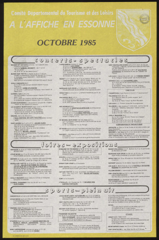 EVRY.- A l'affiche en Essonne : programme culturel, Comité départemental du tourisme et des loisirs, octobre 1985. 