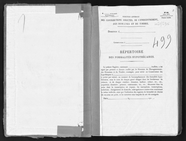 Conservation des hypothèques de CORBEIL. - Répertoire des formalités hypothécaires, volume n° 499 : A-Z (registre ouvert vers 1920). 