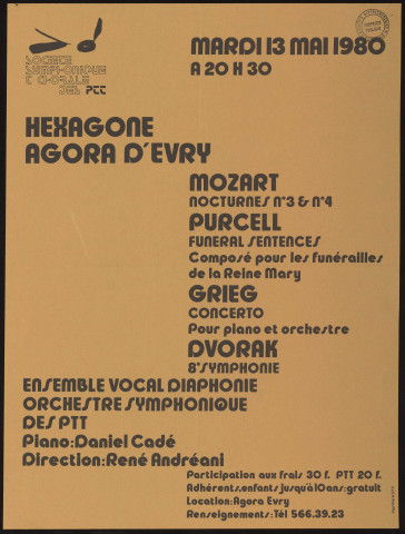 EVRY.- Ensemble vocal diaphonie, orchestre symphonique des PTT, Société symphonique et chorale des PTT, Agora d'Evry, 13 mai 1980. 
