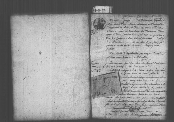 VAL-SAINT-GERMAIN (LE). Naissances, mariages, décès : registre d'état civil (1814-1821). 