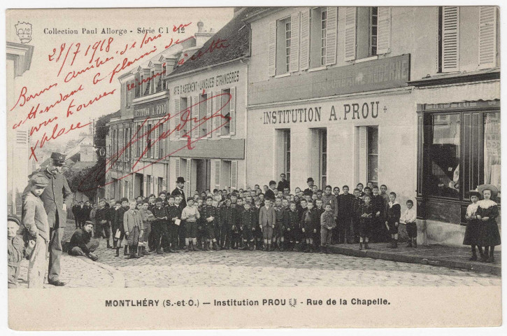 MONTLHERY. - Institution Prou, rue de la Chapelle. Edition Seine-et-Oise artistique et pittoresque, collection Paul Allorge, 1918. 