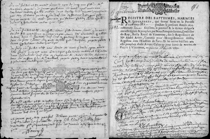 GUIBEVILLE. Paroisse Saint-Pierre et Saint-Vincent : Baptêmes, mariages, sépultures : registre paroissial (1687-1755). [Lacunes : B.M.S. (1688-1691, 1706-1708, 1716-1736, 1744)]. 