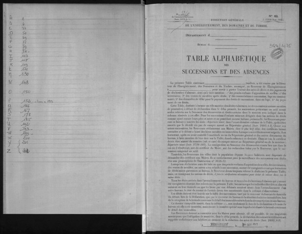 DOURDAN, bureau de l'enregistrement. - Tables alphabétiques des successions et des absences. - Vol 32, 1959 - 1966. 