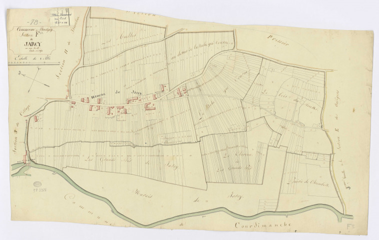 BOUTIGNY-SUR-ESSONNE. - Section F - Jarcy, ech. 1/1250, coul., aquarelle, papier, 60x98 (1816). 
