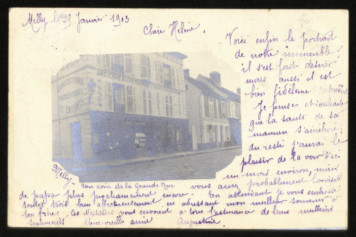 MILLY-LA-FORET. - Un coin de la grande rue. 1903, 1 timbre à 40 centimes. 