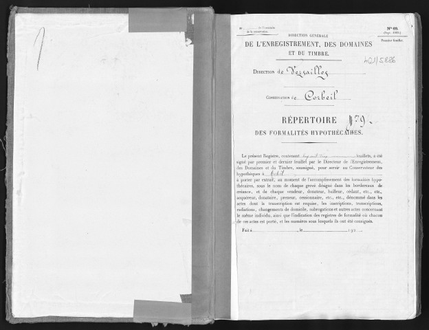 Conservation des hypothèques de CORBEIL. - Répertoire des formalités hypothécaires, volume n° 479 : A-Z (registre ouvert vers 1920). 