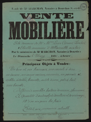 ALLAINVILLE-AUX-BOIS (Yvelines).- Vente mobilière au domicile de M. et Mme Louis-Clément PESCHOT, 4 mars 1894. 