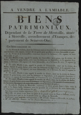 MEREVILLE.- Vente à l'amiable de biens patrimoniaux dépendant de la terre de Méréville comprenant la ferme de la Grenouillère avec environ 62 hectares de terre labourable et pré, des moulins à eau de Courcelles, de Semainville et de Glaire, avec terres labourables et prés, et de la tuilerie de Méréville, [vers 1812]. 