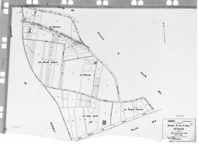 ORMOY. -Cadastre révisé pour 1938 : plan du tableau d'assemblage , plans de la section A le Village 1ère feuille, idem 2ème feuille, idem 3ème feuille, sectin B la Côte de Roissy ; cadastre révisé pour 1938 mis à jour pour 1978 : plan de la section B la Côte de Roissy, [6 plans]. 